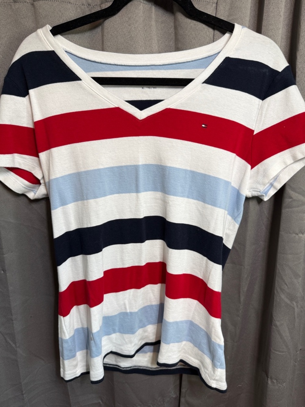 Tommy Hilfiger Short-Sleeve V-Neck Striped Tee in Red, Navy, Light Blue & White